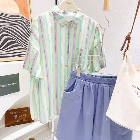 微胖显瘦穿搭~日系复古艺术生竖条纹衬衫小众设计感短袖上衣遮肉图片