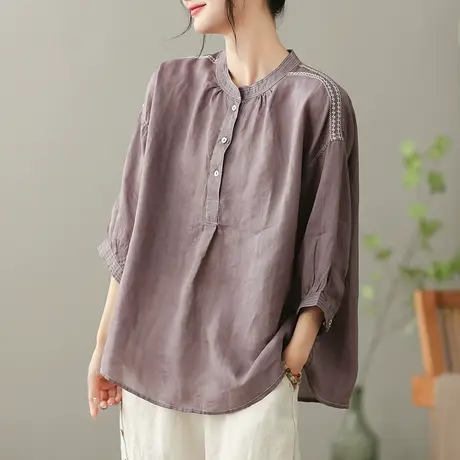 dza 复古苎麻女士衬衫2023夏季薄款纯色衬衣气质显瘦棉麻套头上衣商品大图