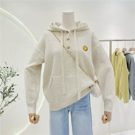 笑脸刺绣百搭针织衫连帽毛衣女秋冬2022年新款百搭宽松上衣外套商品大图