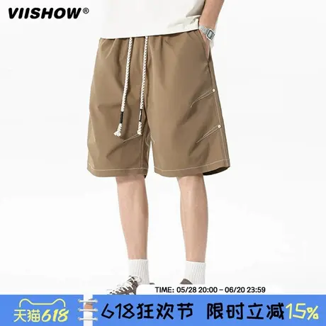 VIISHOW潮牌复古纯色抽绳松紧运动五分裤男夏季宽松百搭休闲短裤商品大图