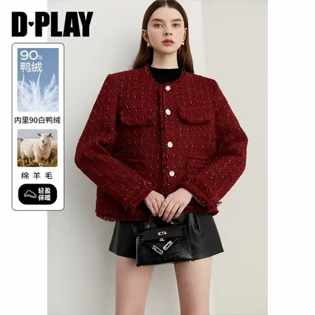 DPLAY2024冬季新款红色粗花呢小香风外套90白鸭绒羽绒服短外套女图片