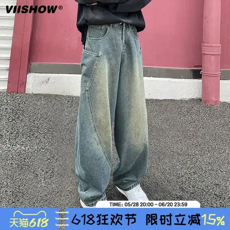 VIISHOW潮牌美式做旧水洗直筒牛仔裤男高街宽松阔腿弯刀工装长裤商品大图
