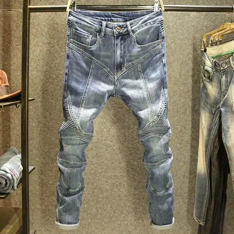 高端机车拼接牛仔裤男款水洗耐磨修身小脚裤美式高街潮牌显瘦长裤图片