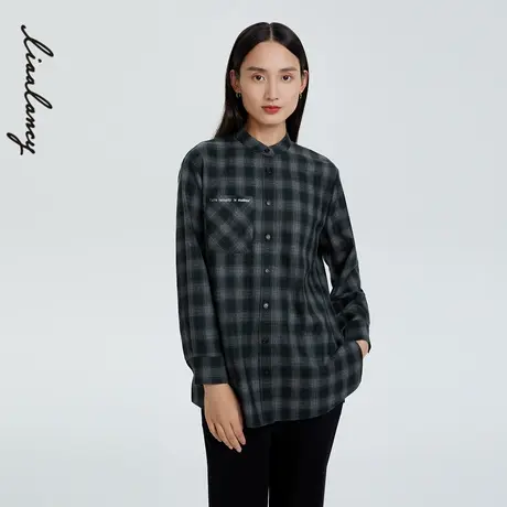 LANCY/朗姿羊毛衬衣2022冬季新款格纹衬衫女宽松通勤女高级感外套图片