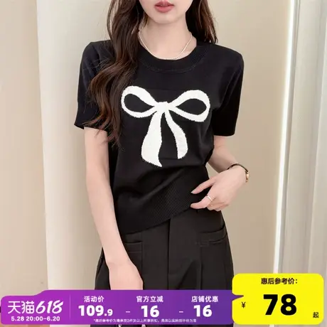 唐狮25夏季新款针织衫短袖女气质撞色蝴蝶结套头甜美时尚上衣Y商品大图