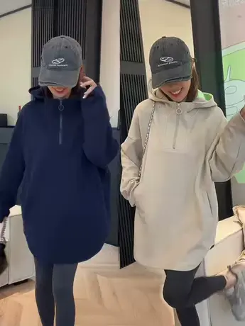 半拉链连帽卫衣女2023秋季新款宽松显瘦中长款口袋长袖上衣外套潮商品大图