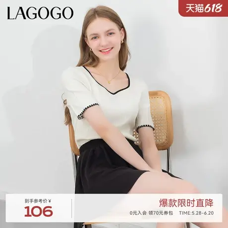 LAGOGO本白色文艺风毛针织衫女拉谷谷夏季新款短袖休闲百搭上衣商品大图