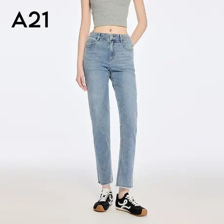 A21女装天蓝微弹水洗毛边薄款牛仔裤2025夏季新款简约九分锥形裤图片