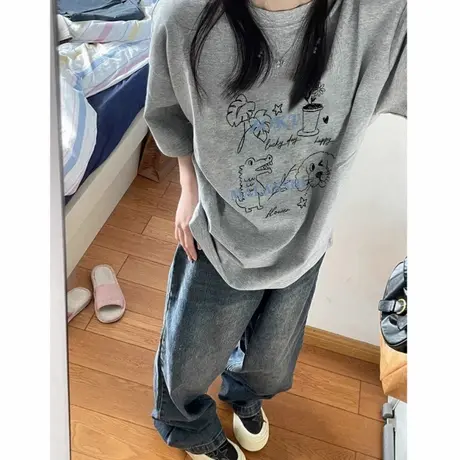 潮牌灰色落肩纯棉夏季短袖t恤女2025新款设计感小众美式宽松上衣商品大图