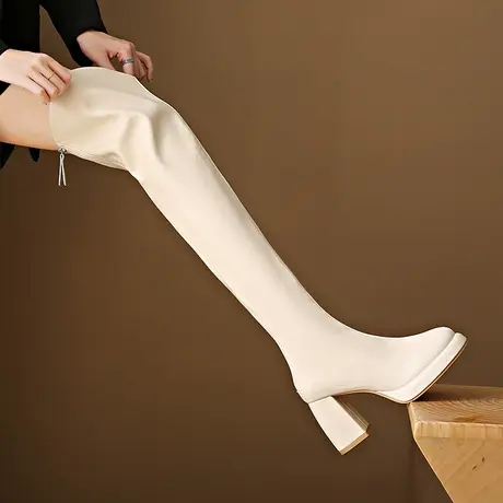 大码过膝长靴女高跟复古V口白色瘦瘦靴子长筒皮靴粗跟高筒骑士靴图片