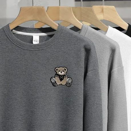 2023新款华夫格小熊卫衣男秋季潮流宽松套头无帽上衣圆领长袖t恤商品大图