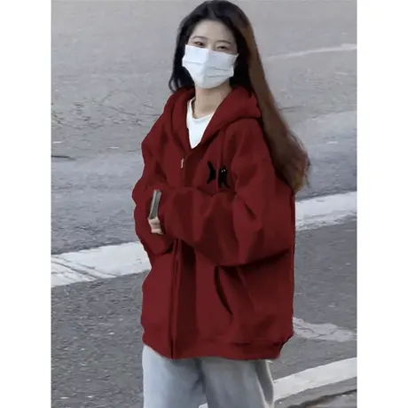 chic复古港味拉链开衫卫衣女春秋薄款宽松显瘦bf慵懒风连帽上衣服图片