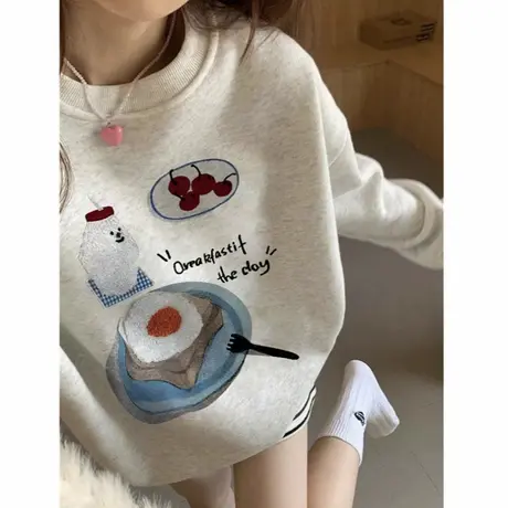 美式无帽卫衣女秋冬加绒2025新款爆款小个子慵懒风初中生圆领上衣商品大图