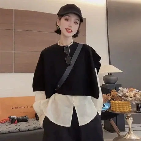 韩系减龄女士圆领披肩2025秋季大码胖MM独特别致高级宽松黑色外搭商品大图