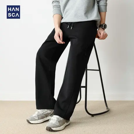 hansca 时尚拼接宽松直筒卫裤男2025秋季新款抽绳高级感黑色长裤图片