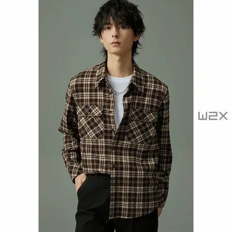 w2x春季复古格纹磨毛廓形长袖衬衫男宽松格子休闲衬衣高级感寸衫图片