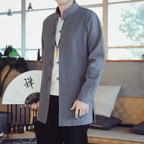 春秋中国风男士长袖中长款衬衫复古改良民族风格盘扣男装棉麻衬衣商品大图