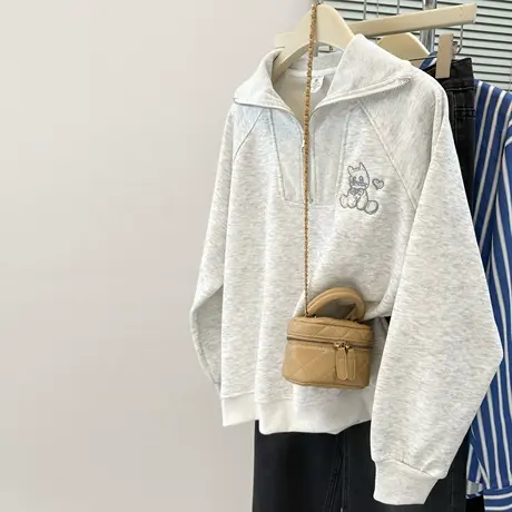 重工卡通刺绣半拉链Polo领卫衣女春秋季宽松韩版薄款立领上衣外套商品大图