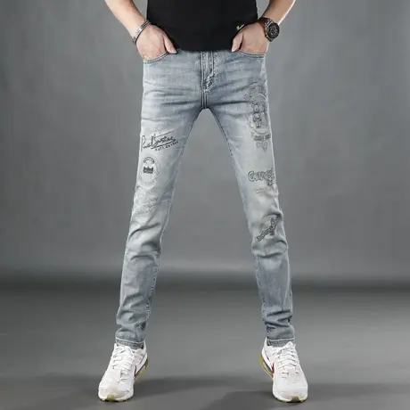 高端欧货烫钻牛仔裤男款夏季薄款潮牌修身小脚印花帅气男士裤子商品大图