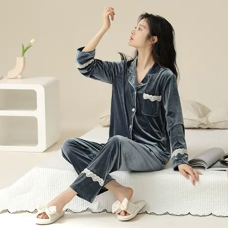 睡衣女秋冬季开衫长袖长裤金丝绒套装2023新款大码情侣春秋家居服图片