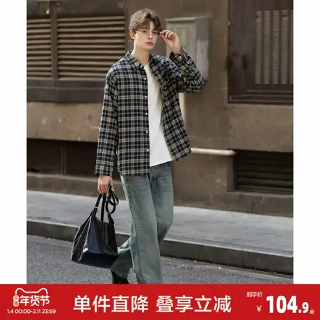 唐狮2026春秋季男款长袖衬衫格纹设计感超酷痞帅美式复古风衬衣商品大图