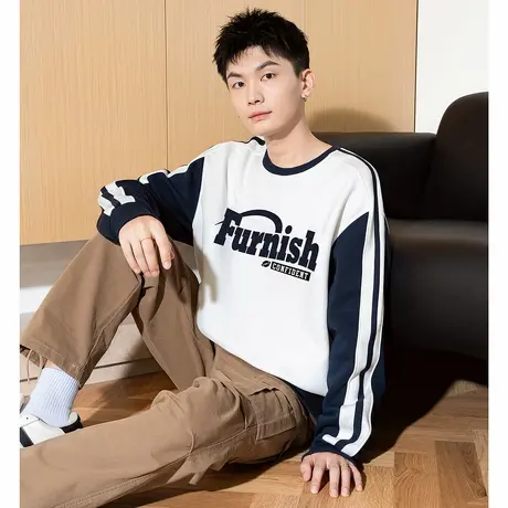 唐狮春秋新款男撞色领拼接卫衣美式青少年外套上衣外套加绒潮TMTA图片