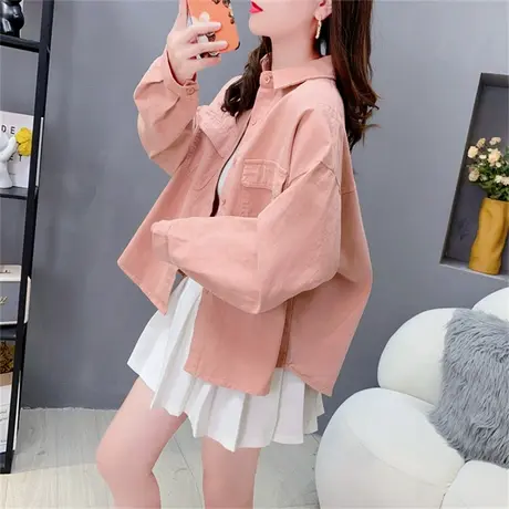 休闲小个子短款牛仔衬衫外套女早秋2023新款宽松大码显瘦百搭上衣商品大图