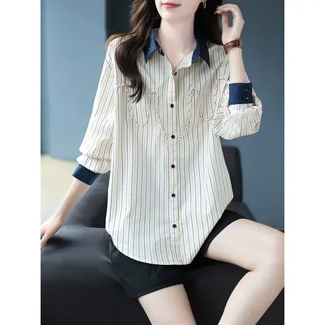宝诗黎POLO领OL气质竖条纹显瘦衬衫2023早秋新款棉质宽松长袖衬衣商品大图
