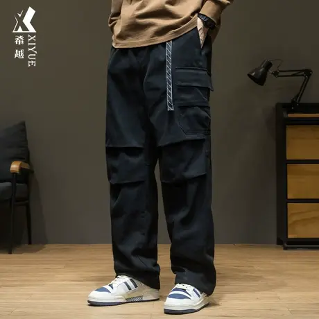 希越纯棉工装黑色休闲裤男士秋季宽松大码美式痞帅拖地直筒长裤子图片