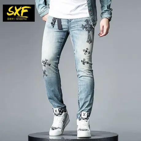 SXF圣希梵男士牛仔裤 春夏刺绣烫钻长裤修身休闲裤复古裤子男潮流商品大图