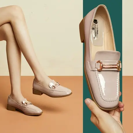 秋季新款里外真皮舒适方头小皮鞋女 豆沙色百搭中跟粗跟单鞋图片