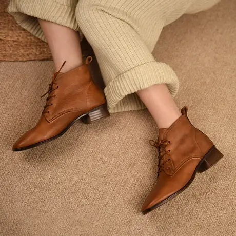 Artmu阿木复古马丁靴女冬加绒粗跟短靴方头单靴子裸靴2022新款商品大图