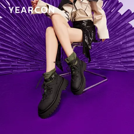 意尔康厚底工装风短靴马丁靴女2023新款抽绳堆堆靴户外露营登山靴图片