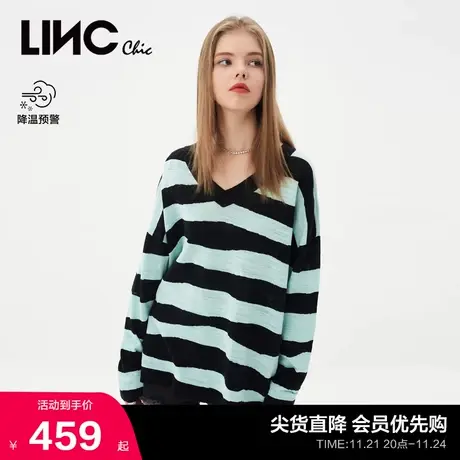 LINCCHIC金羽杰针织衫2023新款大V领条纹针织衫罩衫女S232SW345Y商品大图