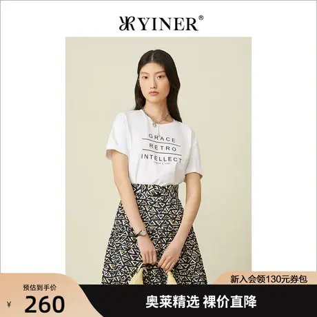 YINER音儿专柜女装2022夏季新款修身字母上衣白色短袖t恤女商品大图