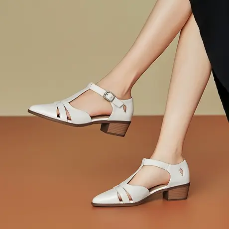 夏季新款真皮复古镂空凉鞋女舒适柔软头层牛皮粗中跟时尚尖头女鞋商品大图