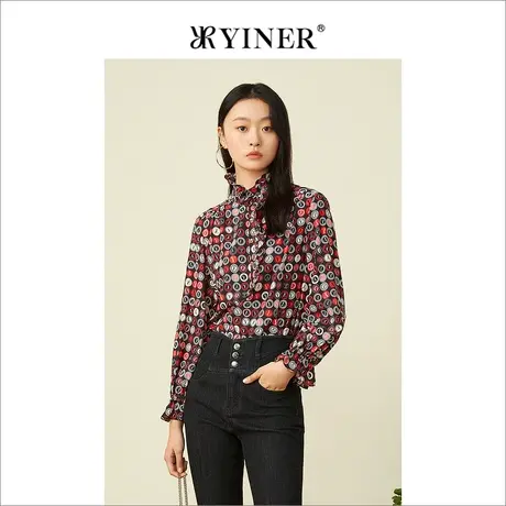 YINER音儿专柜女装2022春季新款喇叭袖花边领蚕丝衬衫商品大图