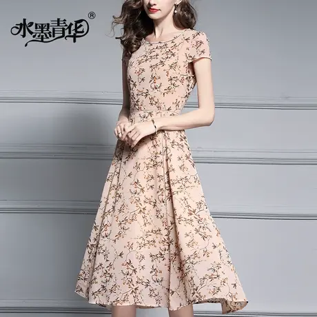 水墨青华夏季新品女装时尚修身收腰大摆雪纺印花连衣裙女商品大图