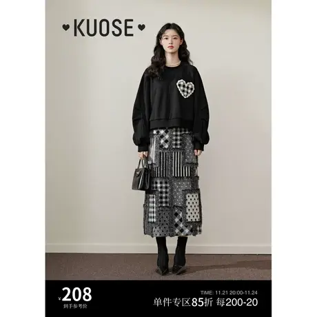 阔色黑色短款加绒卫衣2023秋冬季新款女圆领套头钩花拼接上衣商品大图