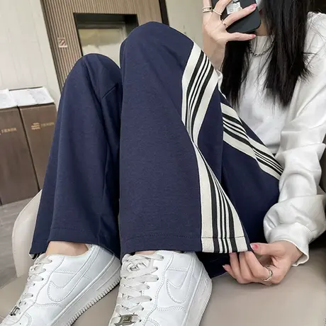 抽绳阔腿裤女高腰垂感宽松运动裤2024年春秋季拖地直筒休闲卫裤子图片