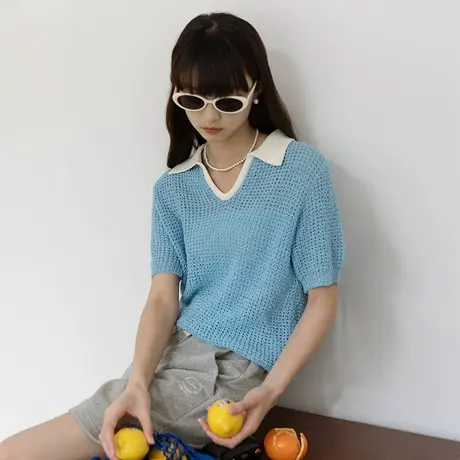 omont蛋挞家 复古撞色镂空短袖polo针织衫女夏季宽松T恤设计上衣商品大图