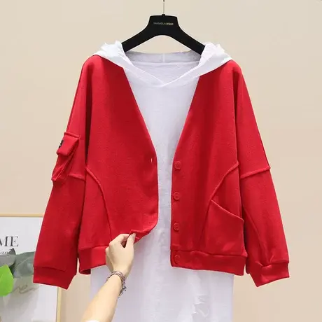 立体口袋大码女装宽松V领卫衣短款外套春秋胖女人休闲慵懒风开衫商品大图