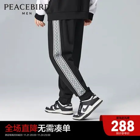 太平鸟男装老花织带拼接卫裤2023年冬季时尚休闲男士宽松休闲长裤商品大图