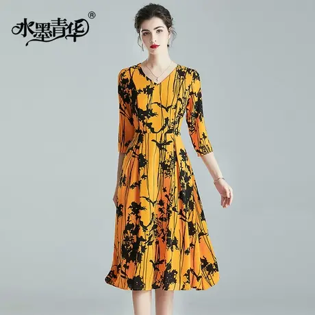 【1件7.9折】冬装新品女装七分袖大摆中长款时尚修身印花连衣裙图片