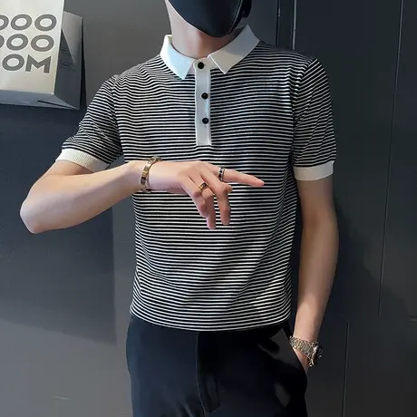 夏季男士t恤polo衫短袖修身翻领半袖潮流细条纹时尚休闲潮牌体恤商品大图