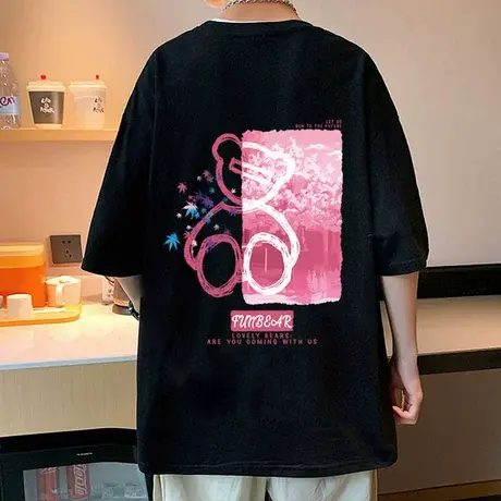 夏季短袖t恤男纯棉潮牌ins半袖宽松体恤潮流小熊卡通印花上衣服薄商品大图