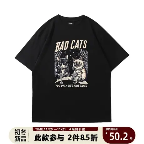 短袖美式高街复古史密斯猫咪夫妇卡通印花小众潮牌圆领新款夏装t商品大图