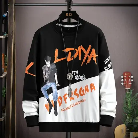 青少年学生长袖t恤男秋季潮牌宽松休闲打底衫字母印花圆领卫衣男图片