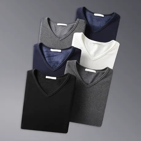 长袖t恤男士秋冬纯色V领加绒加厚打底衫内搭保暖秋衣男潮流上衣服商品大图