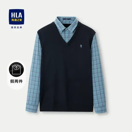 HLA/海澜之家双领针织衫2023秋季时尚有型保暖套头衫假两件男商品大图
